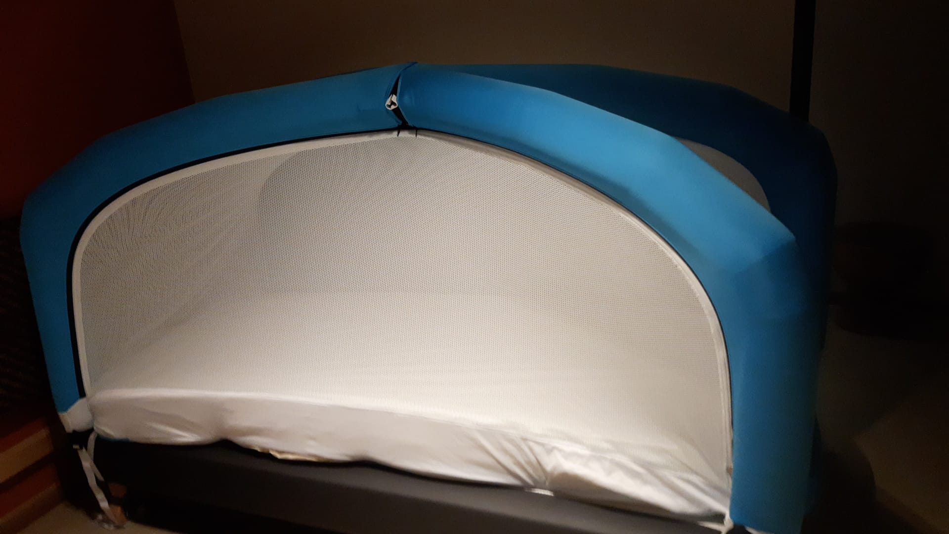 A zippered bed tent is a safe place to sleep on holiday
